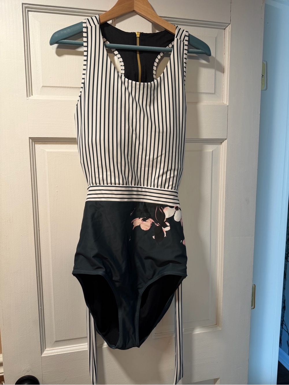 Women’s Albion Black & White Striped One-Piece Swimsuit with Pink Floral bottom